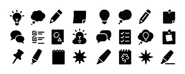 Set of icons representing ideas, thoughts, and creativity in solid black
