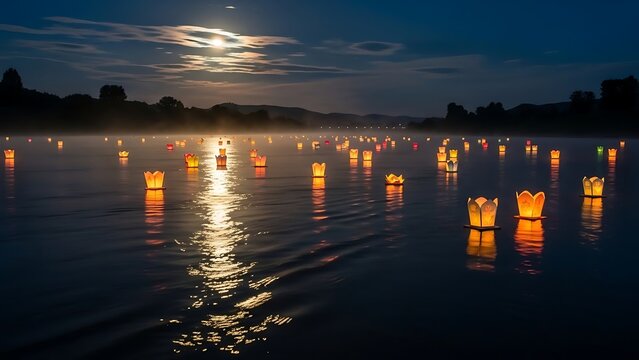 Floating Lanterns on River at Night with Moon - Powered by Adobe