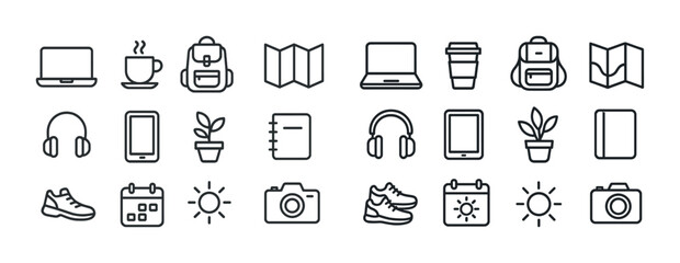 Minimalist icon set: technology, travel, nature, and daily essentials
