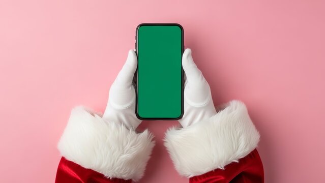Santa Claus hands holding smartphone with blank screen for christmas app mockup