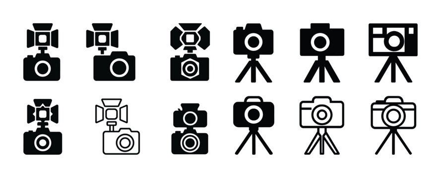 Variety of camera icon designs featuring different styles and perspectives