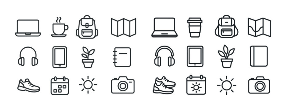 Minimalist icon set: technology, travel, nature, and daily essentials
