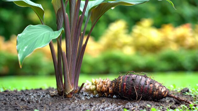 A plant with purple stems and broad green leaves sits above a large dark tuber lying on the damp soil of a garden