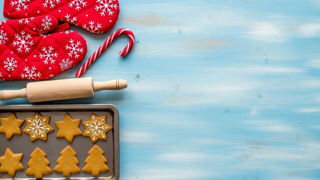 Christmas baking background with red oven mitts and gingerbread cookies on blue table - Powered by Adobe