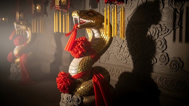 Golden Snake Statue with Red Ribbons