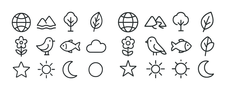 Outline icon set of nature elements including trees and animals