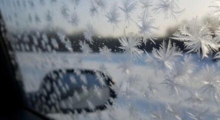 Ice crystals form on window, creating a frosty, glassy texture. Winter light illuminates the surface for abstract backgrounds or seasonal video backdrop.