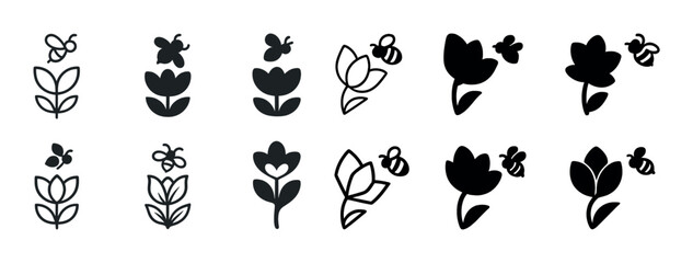 Fototapeta premium Collection of floral and bee icons in various artistic styles