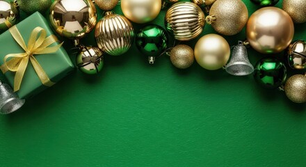 Christmas ornament border on green background with gift
