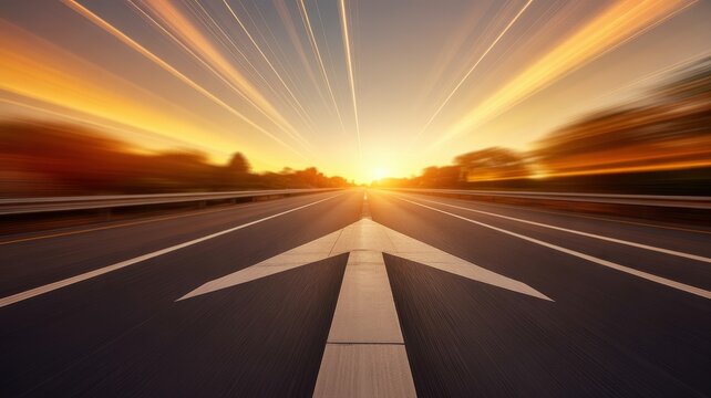 Forward arrow on asphalt highway with speed blur, bright sunset