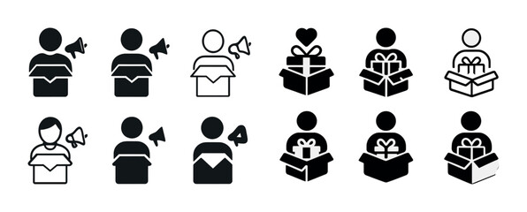 Diverse icon set of people opening boxes with gifts and announcements