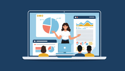 Online business presentation with charts and graphs, illustrating a successful training session