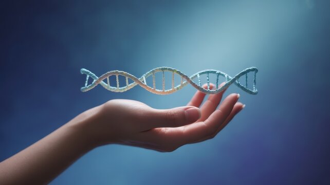 Human hand holding 3d dna model representing genetic research - Powered by Adobe