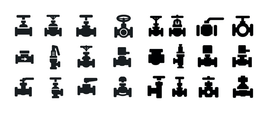 Collection of diverse industrial valve silhouettes in black and white