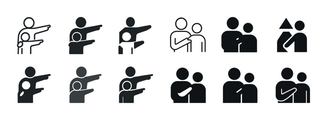 Vector icons of people interacting: pointing and embracing silhouettes