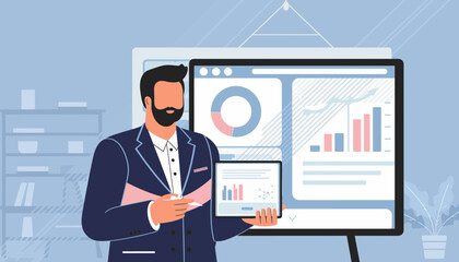 Professional businessman delivering an insightful presentation on key business analytics and market trends