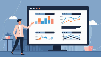 Business presentation with graphs and charts on a large monitor