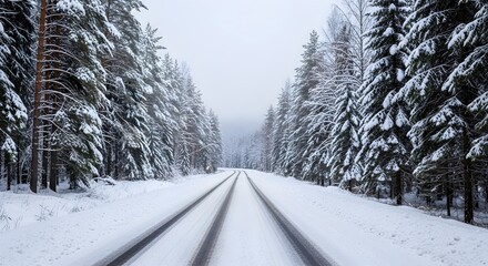 Snowy road creates winter landscape, for travel blog, inspirational background.