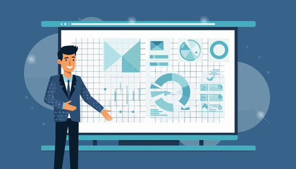 Professional business presentation with comprehensive data analysis and growth insights displayed on a large screen