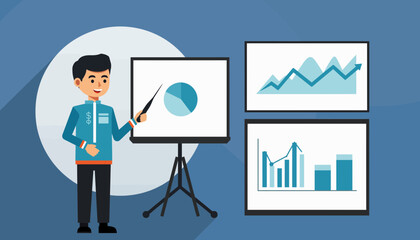 Professional Male Presenter Explaining Business Data Insights Through Engaging Charts and Graphs in a Modern Presentation Setting