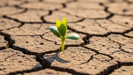 A resilient green sprout emerges from the parched, cracked earth, symbolizing hope, new beginnings, and the enduring power of life in challenging environments