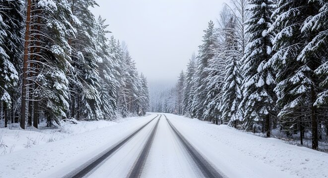 Snowy road creates winter landscape, for travel blog, inspirational background.