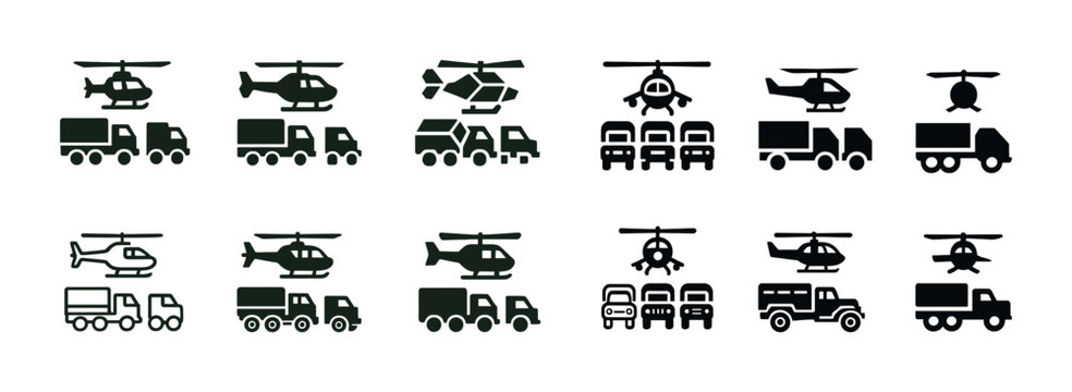 Military vehicle icons: helicopters and trucks in black silhouette collection