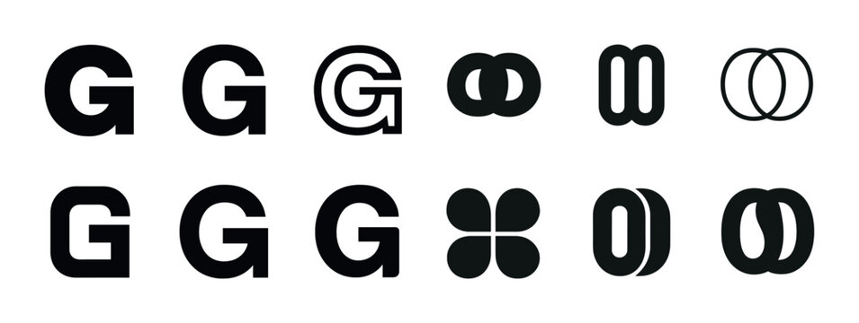 Bold geometric letter g variations in black and white design set