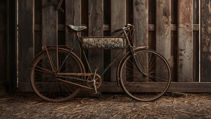 An old, rusty bicycle stands against a weathered wooden fence, evoking a sense of nostalgia and forgotten times.