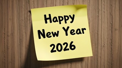 Yellow sticky note displaying happy new year 2026 in bold text, affixed to a rustic wooden background, symbolizing festive greetings and the anticipation of a new year