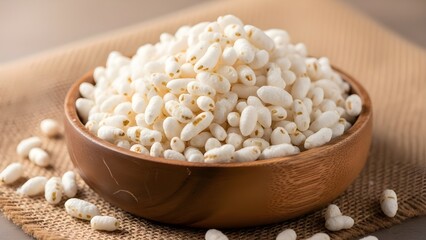A wooden bowl filled with crispy, light, and airy puffed rice, a popular snack and breakfast cereal ingredient, resting on a rustic burlap cloth