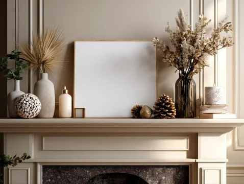 Horizontal blank frame mockup on mantlepiece with pampas grass and holiday decor