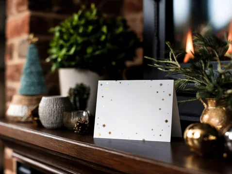 Holiday Card Displayed on Decorated Mantel