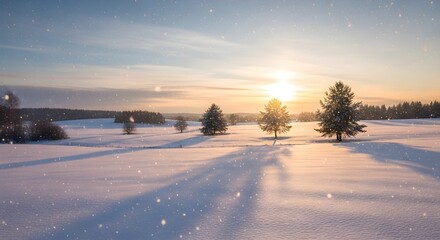 Blue and white snowy landscape glows with a golden hour sunset for a winter seasonal backdrop, photo background, or scenic wallpaper.