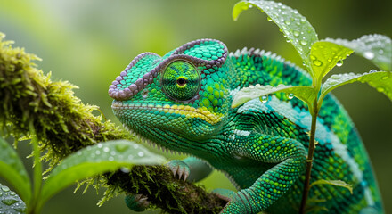 Obraz premium Vivid Green and Turquoise Chameleon on Rainforest Branch – Ultra-Realistic Macro Wildlife