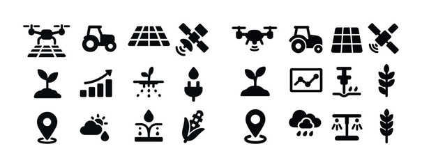 Naklejka premium Agriculture icons set featuring drone, tractor, satellite, and plant elements