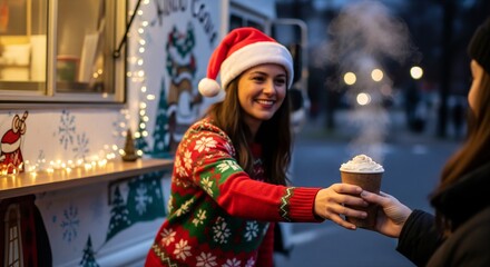 Smiling woman in Santa hat handing over a steaming cup of hot chocolate at a festive Christmas market stall.