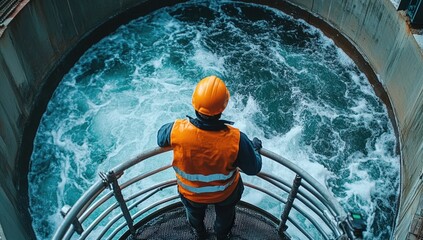 A worker in an orange vest and helmet stands by a circular water treatment facility, observing the turbulent water below.
