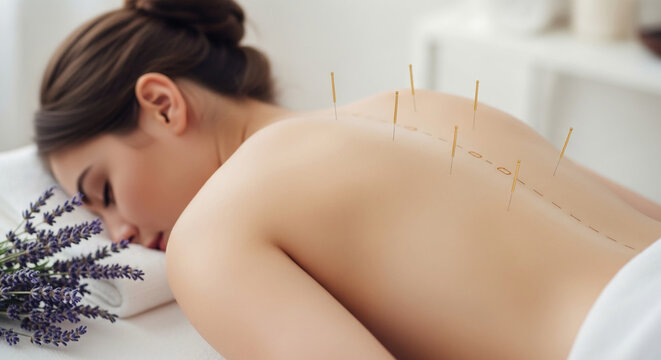 Close-up of a woman receiving acupuncture treatment on her back, representing wellness, alternative medicine and relaxation therapy for well-being - Powered by Adobe