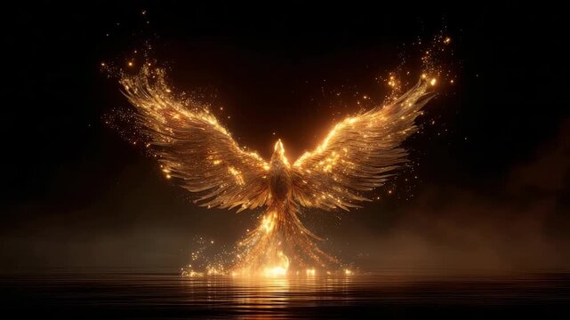 Fiery golden phoenix rising from dark water