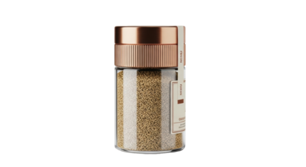 Isolated jar of aromatic spices featuring copper lid and minimalist label, gourmet food item