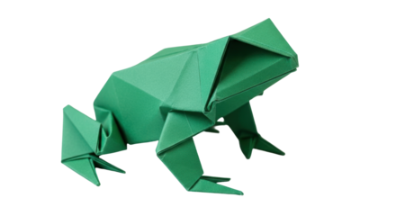 Isolated Green Origami Frog Leaping, Creative Paper Animal Art, Aquatic Amphibian Nature