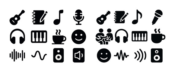 Obraz premium Black music icons set: instruments, notes, faces, microphone, sound waves