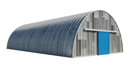 Isolated arched metal hangar building, portable garage warehouse with blue door and air vent