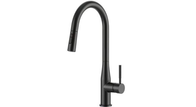 Isolated black kitchen faucet, pull-down sprayer, single handle, modern design, contemporary fixture