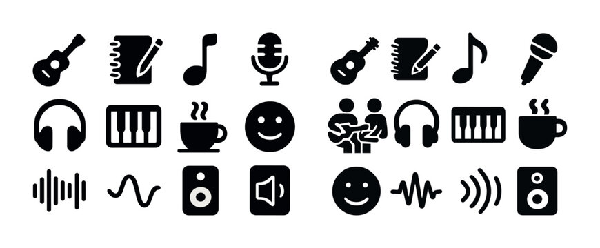 Black music icons set: instruments, notes, faces, microphone, sound waves