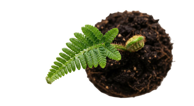 Isolated fern plant with frond and fiddlehead in soil ready for planting, overhead view