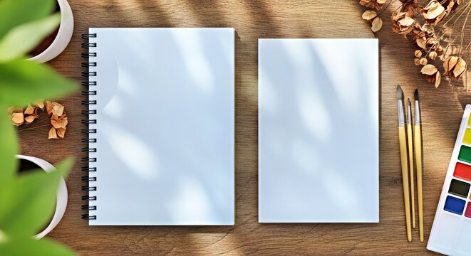 Blank Notebooks on Wooden Desk with Paintbrushes and Color Palette