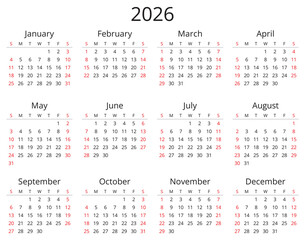 2026 year simple calendar. English design (week sunday)