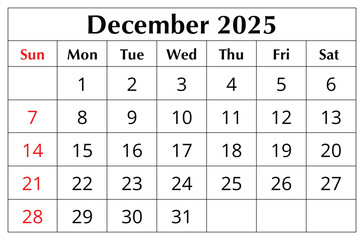 Naklejka na ściany i meble December 2025 ENGLISH month calendar. png transparent illustration